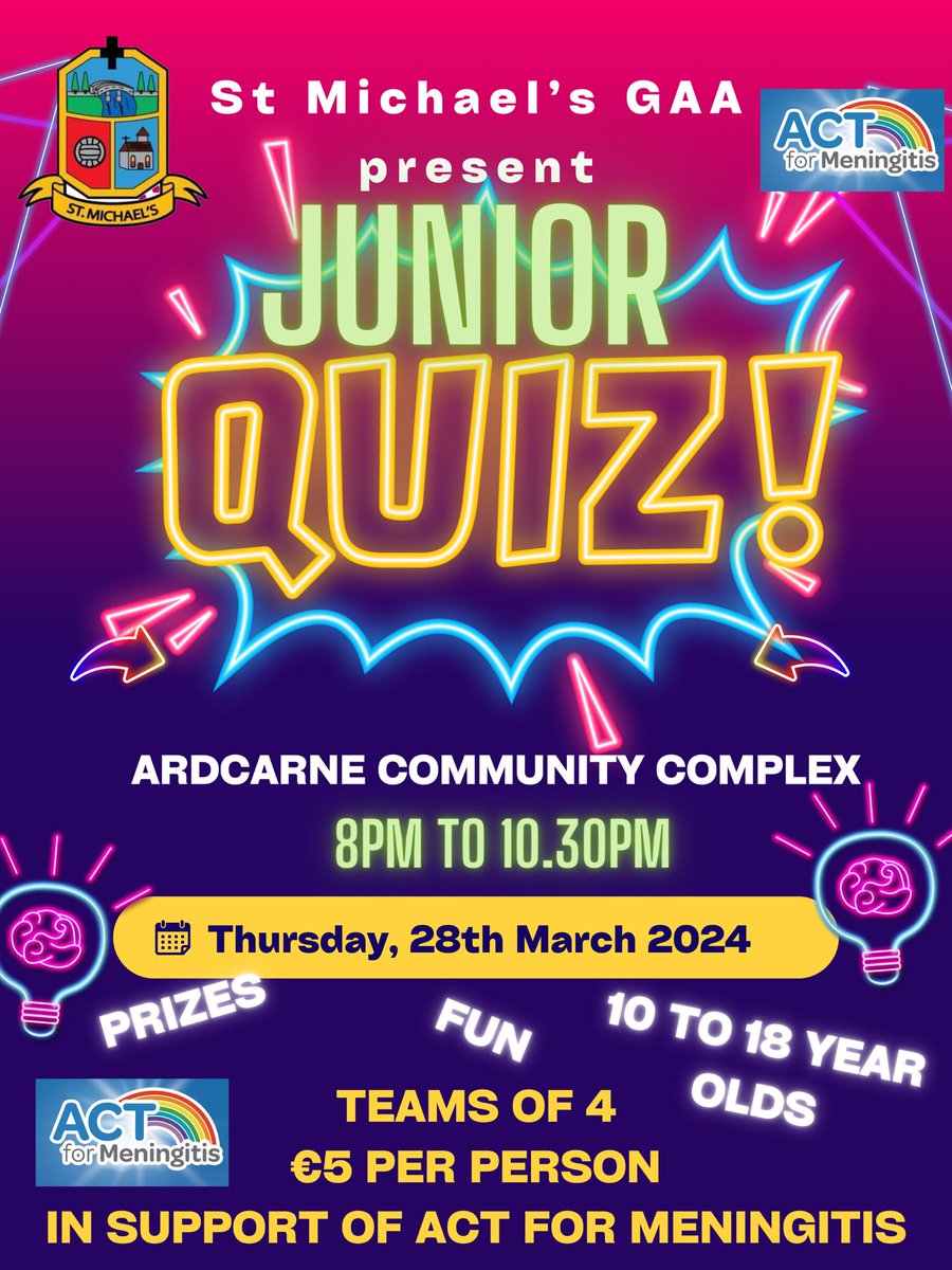 JUNIOR QUIZ NIGHT 📍Thursday 28th March at 8pm 📍€5 per child 📍Ardcarne Community Complex All monies will be donated to @ACT4Meningitis We’re looking forward to seeing you there! #rosgaa