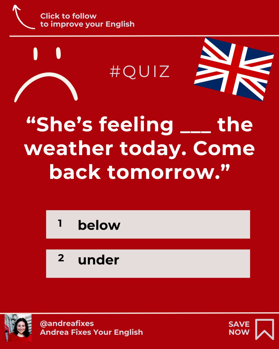 Quiz: 'She's feeling ____ the weather...'
1) below
2) under

✅Contact me for private lessons!

Follow me on YouTube:
youtube.com/@andreafixes

🥳🇬🇧

#EnglishTutor #AdvancedEnglish #LearnEnglish #FluentEnglish #EnglishVocabulary #SpeakEnglish #EnglishProficiency #English