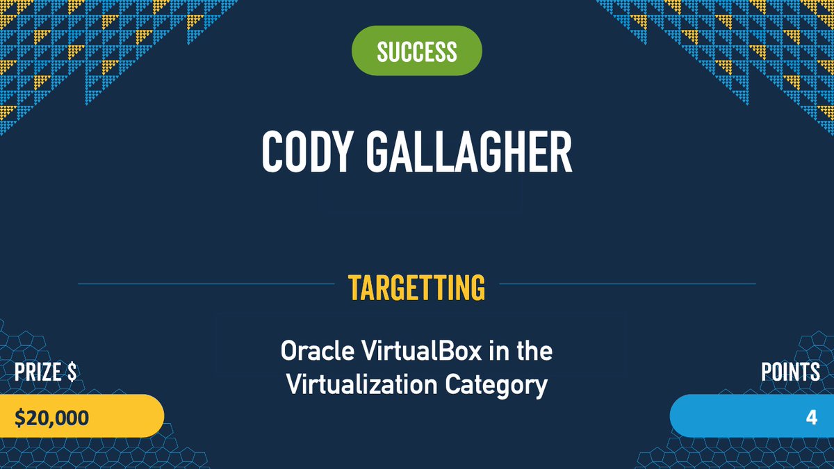 Confirmed! Cody Gallagher makes his first #Pwn2Own a success. He used an OOB Write bug to exploit #Oracle VirtualBox. He wins $20,000 and 4 Master of Pwn points. #P2OVancouver