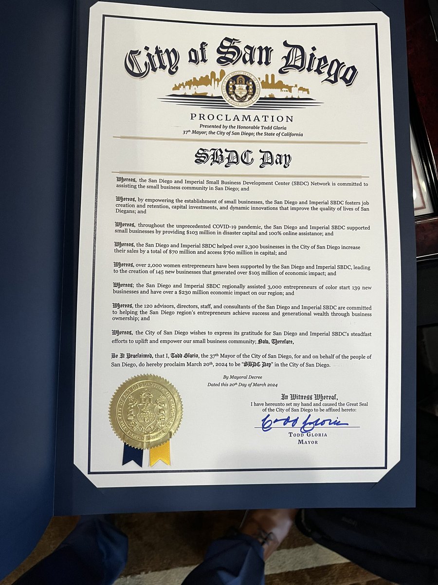 Thank you @SupNoraVargas and @MayorToddGloria for our #SBDCDay proclamations! @SDSBDCNetwork @SWC_college