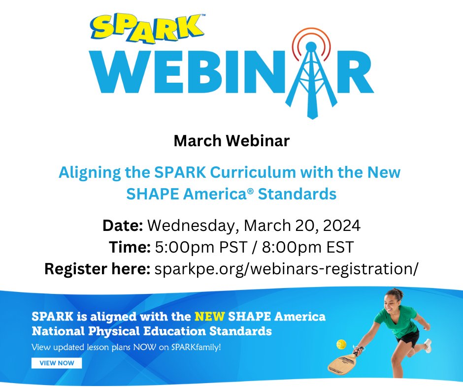 📣 Our March Webinar starts in 30 mins! bit.ly/3TrwoLH?utm_so… Topic: 'Aligning the SPARK Curriculum with the New SHAPE America National Physical Education Standards' #physed #elemPE #secondaryPE #PEstandards