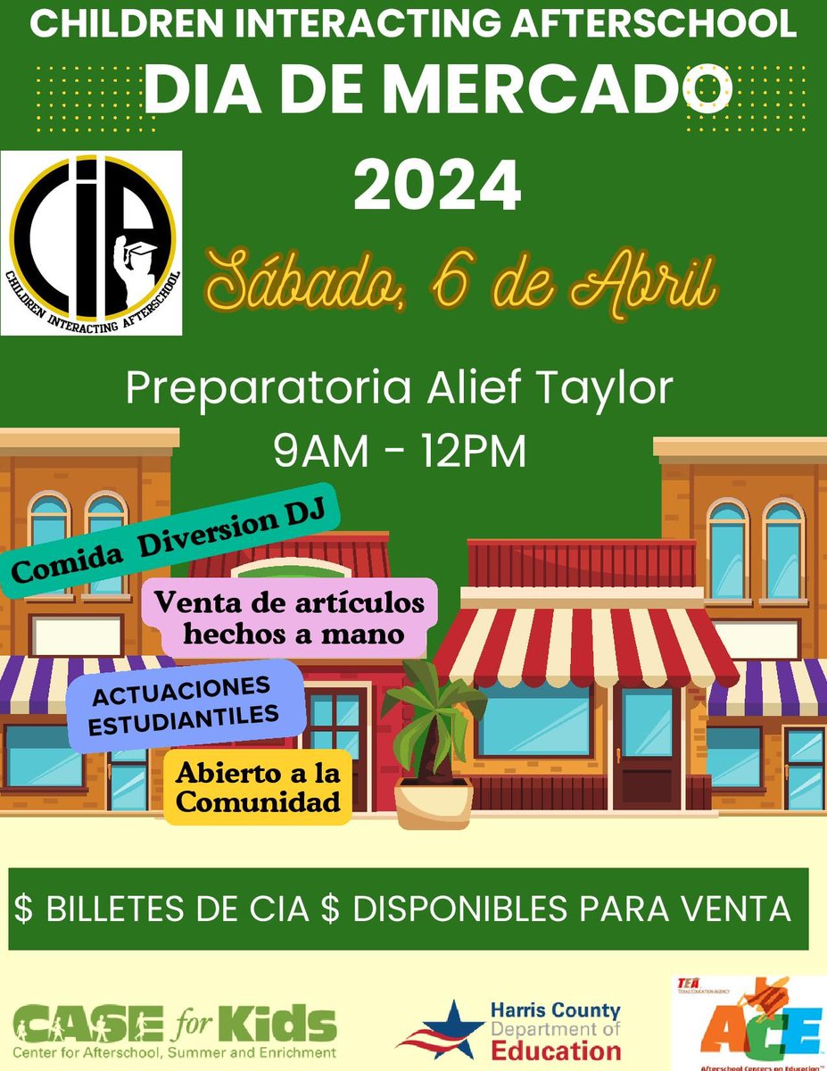 Join us for CIA Market Day 2024 at Alief Taylor High School on April 6th, 9am - 12pm! Indulge in delicious food, groove to DJ beats, and be dazzled by students' performances. Plus, shop unique handmade crafts made by our students! Don't miss out on the fun!