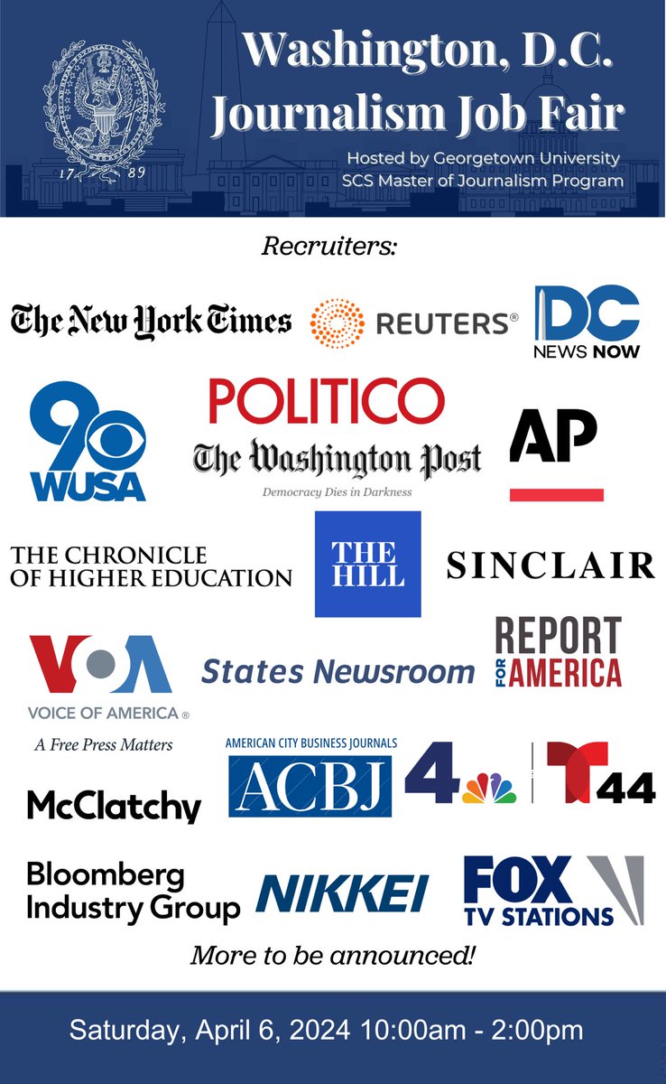 Come meet a great lineup of media recruiters at the D.C Journalism Job Fair on April 6th! Register in advance; no walks in accepted. More info here: eventbrite.com/e/2024-dc-jour…