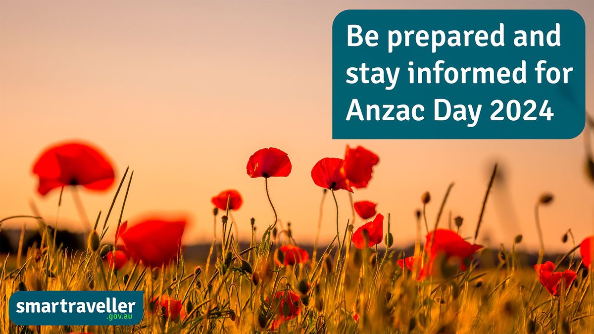 If you’re travelling to an overseas commemoration site for Anzac Day be prepared & stay informed. Check the advice level of your destination Know what transport services are available Look after your health Keep an eye on the weather smartraveller.gov.au/before-you-go/… #AnzacDay#AnzacDay2024