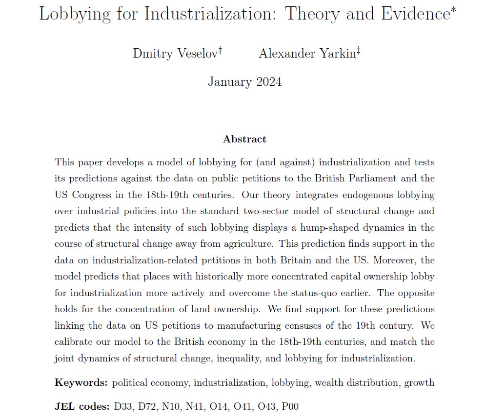 Join us next Monday noon for a wonderful paper by Alexander Yarkin (Brown University and LISER) and his coauthor, 'Lobbying for Industrialization: Theory and Evidence.' Sujin Cha (University of Michigan) will moderate!