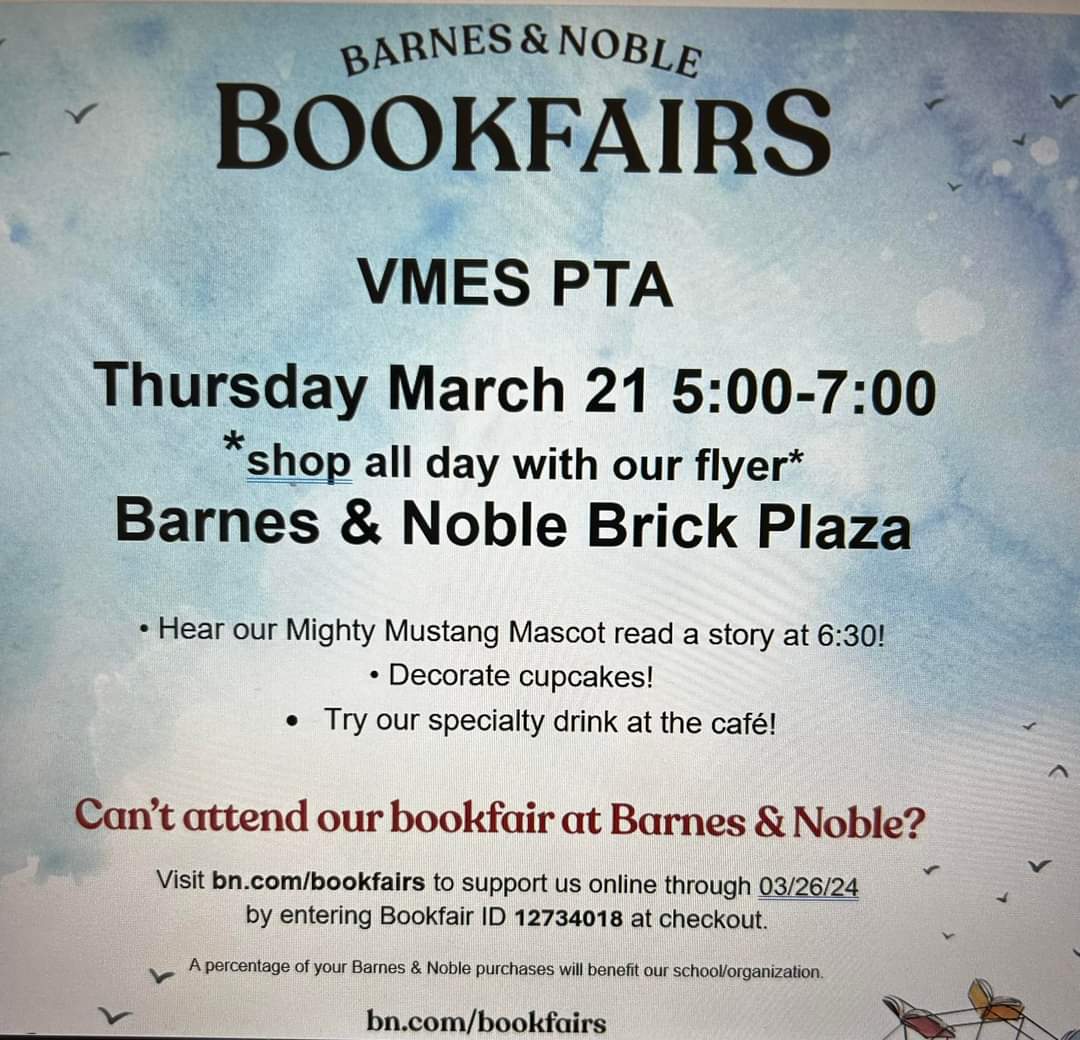 Don't forget to join us tomorrow at Barnes and Noble! Shop all day with our flyer! The Mighty Mustang will be reading a story at 6:30! 
<a href="/VMESMustangs/">VMESMustangs</a> @VMES_Bayles <a href="/Brick_K12/">Brick Township Public Schools</a>