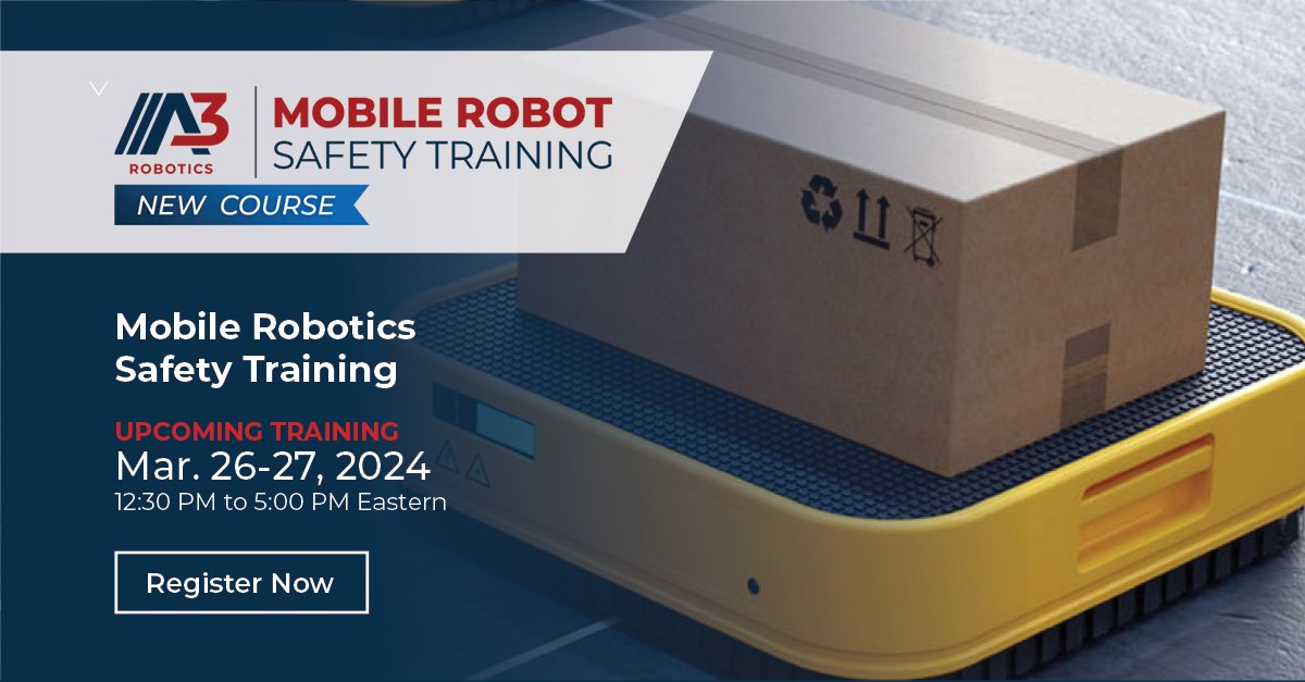 🚨 Reminder: Our ✨all-new✨ Mobile Robotics Safety Training session is coming up next week; Tues., Mar 26 and Wed., Mar. 27 from 12:30 to 5 pm ET. 

Get the details: hubs.la/Q02qbsCJ0.

#LiveVirtual #AMRs #AutonomousMobileRobots #RobotSafety #Robotics #Automation