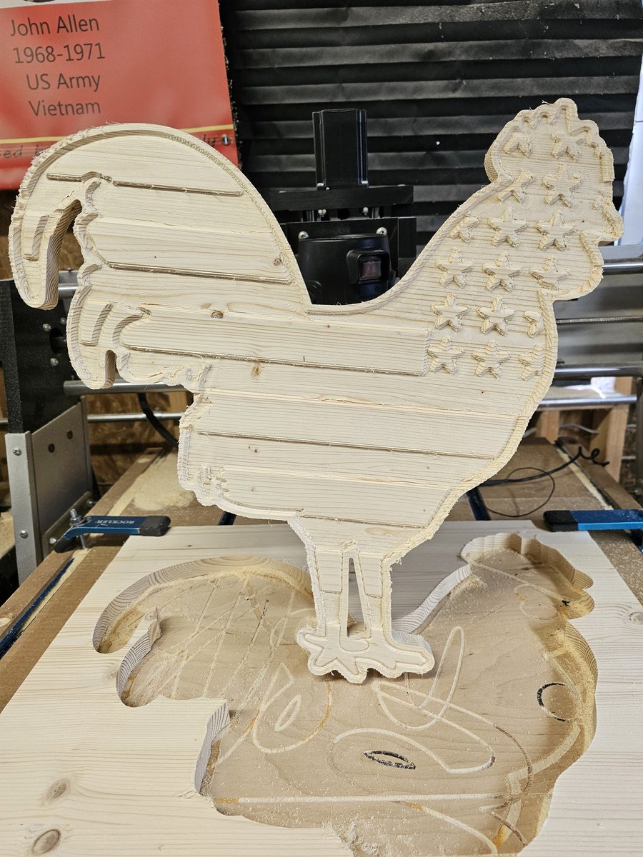 Can't wait to see what the art department does with this patriotic chicken and rooster. These are for a local chicken wing restaurant. What can we make for you. @total_boat @RYOBItoolsusa @nextwavecnc @TimAlle97055825
