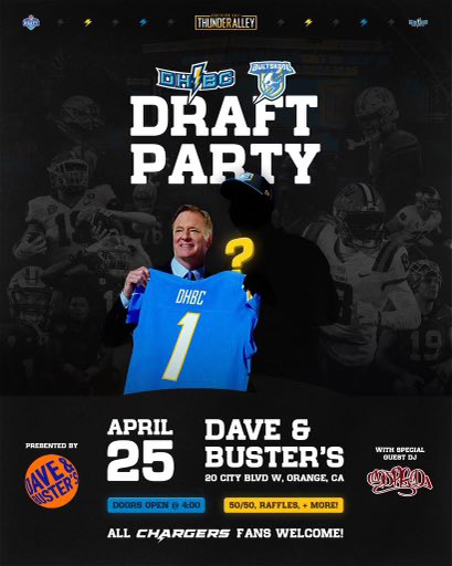 ⚡️DRAFT PARTY!⚡️Join #DHBC, @boltskool & #BoltFam at @DnBOrange for an epic watch party cheering our @Chargers as they navigate the 1st round of the @NFL Draft! ALL FANS WELCOME! Tunes by @DeeJayRed9 Bolt gift drawings! #ThunderAlley #FanUnity #BoltUp⚡️April 25th - Doors @ 4PM