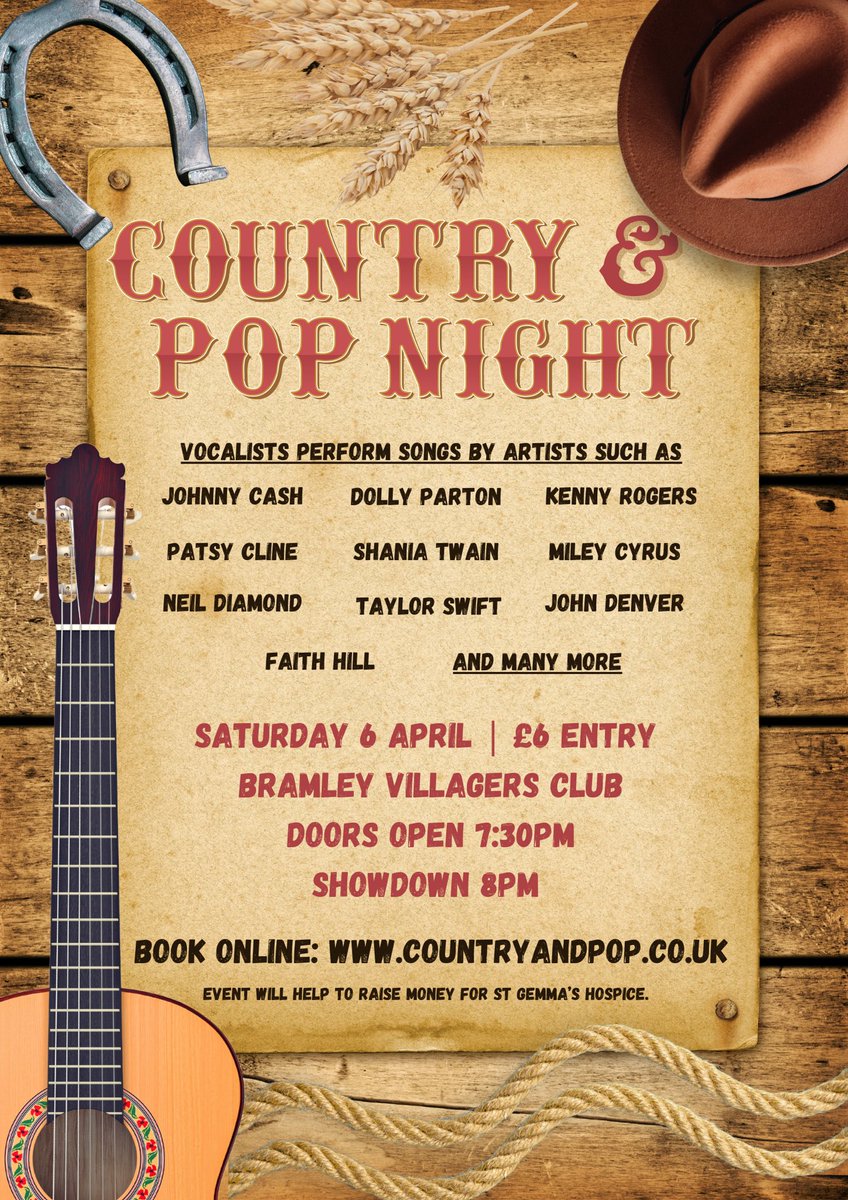 Raising money for @stgemmashospice. Book online: ticketsource.co.uk/p-productions/… Evening includes optional country-quiz and group line-dancing for those who wish to participate.🤠 @WLDispatch @BARCALeeds @bramleyvillager