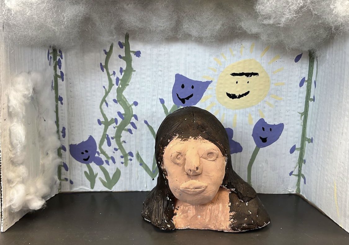 Im so proud of @gcwaltdisney 5th grade artists for completing their Identity projects- ceramic busts with a diorama of a space that represents who they are! Come see ALL 5th grade work at @GatesChiliMS alongside 6th-8th grade work on March 26th, from 5:30-7! #gcpride