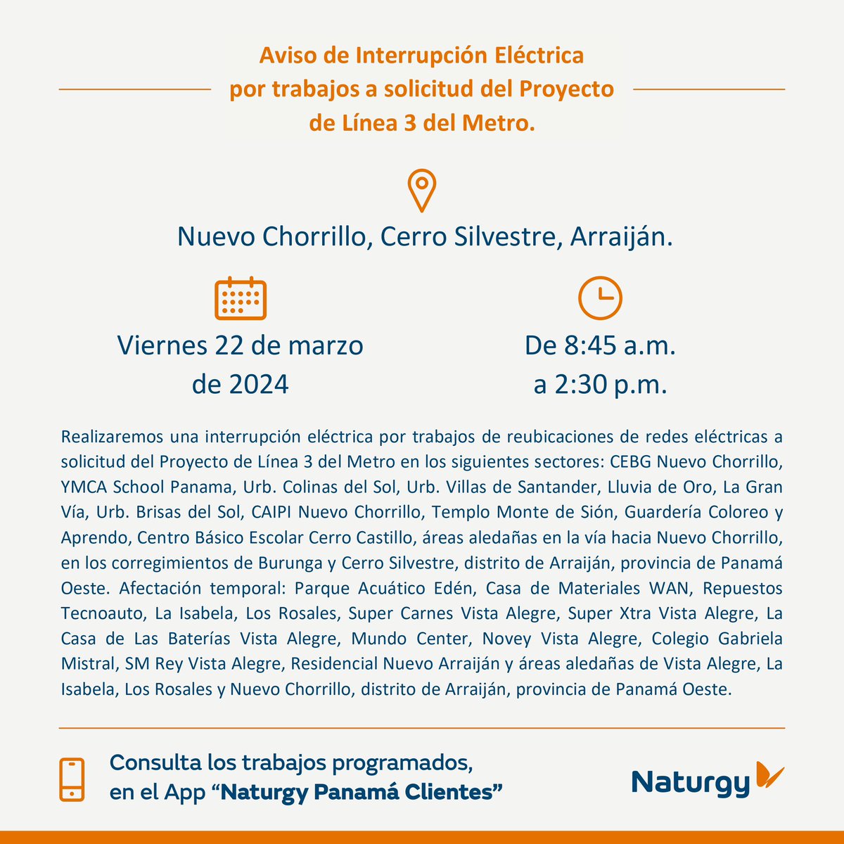 #PanamáOeste Trabajos de reubicaciones de redes eléctricas a solicitud del Proyecto de Línea 3 del Metro para el día viernes 22 de marzo en Nuevo Chorrillo, Cerro Silvestre, Arraiján. <a href="/TraficologoO/">Traficologo Oeste</a> <a href="/PanamaOeste/">Panamá Oeste Oficial</a> <a href="/PanamaOesteC13/">DécimaProvinciaC13</a>