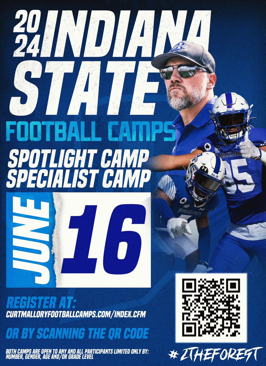 Recruits! Come compete and showcase your talents in Terre Haute! Scan the QR code or click the link to register! June 16th! Both Specialist and Spotlight Camp! #2THEFORE5T curtmalloryfootballcamps.com