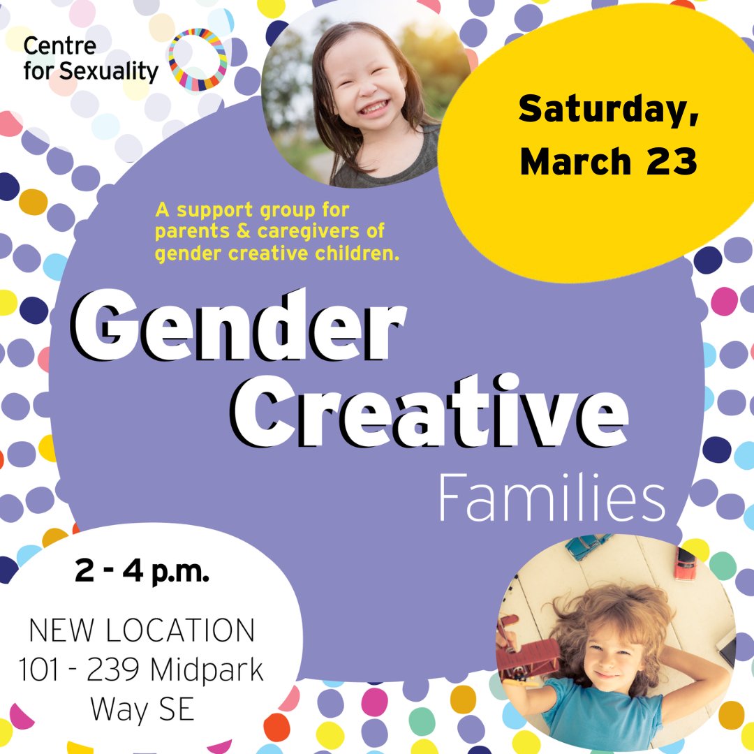 Join us this Saturday for our Gender Creative Families discussion and support group for parents of gender diverse kids and youth. Visit centreforsexuality.ca/programs-servi… for more information and to register. #yyc #yycparents #parenting #queervoices #protecttranskids