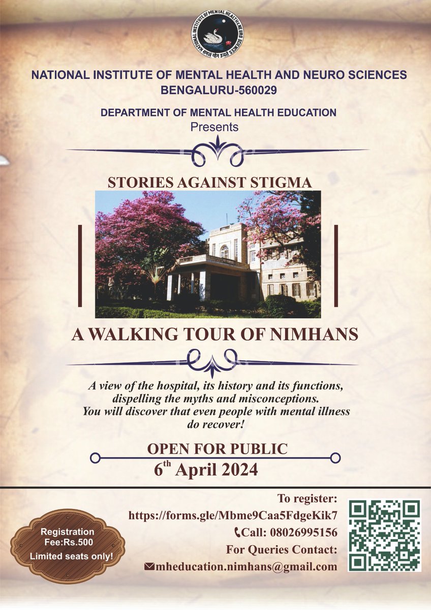 Join us on April 6th for 'Stories Against Stigma: A Walking Tour of NIMHANS'! Let's walk together to break the stigma around mental health and dispel myths. Open to all, register now to be part of this empowering event. Register here: forms.gle/Mbme9Caa5FdgeK…