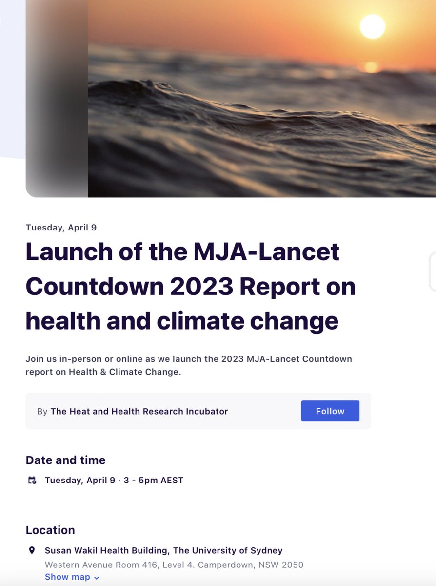 Join us for the launch of the 'MJA-Lancet Countdown 2023 Report on Health and Climate Change' on Tue 9 April, from 3pm Sydney Time. Thanks for the host @HeatHealth_USYD Register 👇 shorturl.at/tCMU7 @LancetCountdown @healthy_climate @HEALenviron