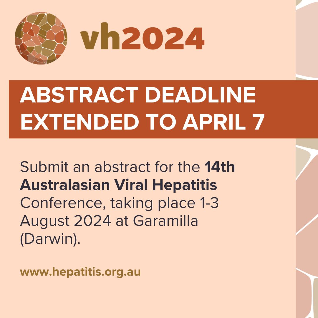 There's now more time to get your abstract in for #VH2024! ⏰ Showcase your work in #hepatitis at the 14th Australasian Viral Hepatitis Conference in Garamilla (Darwin) this August. Abstract submissions close Sunday, 7 April 2024 – submit now: buff.ly/48Sy6NB