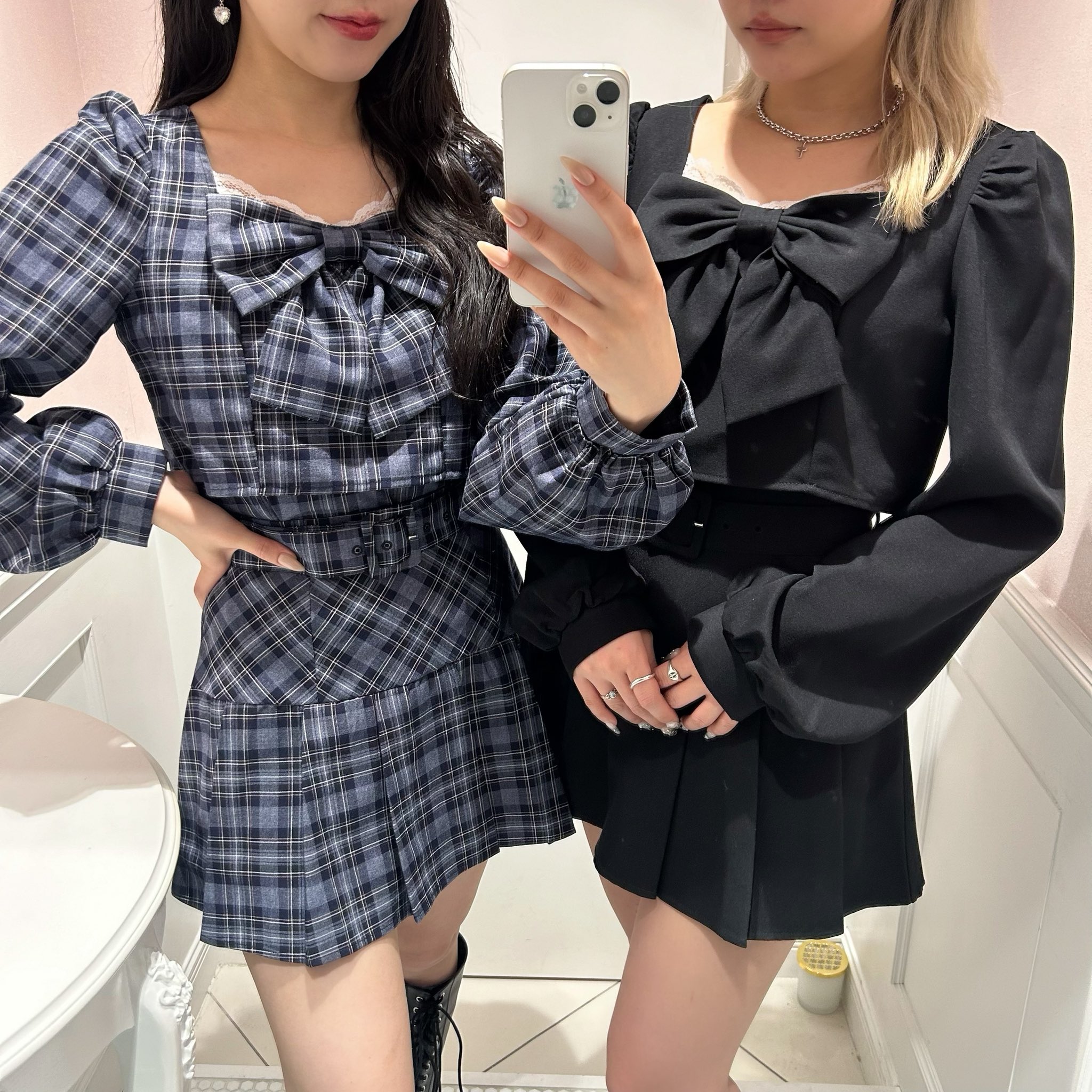 BUBBLES スクエアリボンブラウス ハーフプリーツスカパン セットアップ