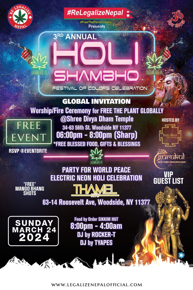 eventbrite.com/e/holi-shambho…
#freeeventnyc

 #HoliShambho #fortraditionaluseonly

 #NYCcelebration #SacredCannabis #UnityInDiversity #HoliNYC #HoliFestival
#HoliCelebration
#NYCHoli #ColorFestival
#FreeEventNYC
#FestivalofColors
 #HoliInNY
#HoliParty #NYCEvents