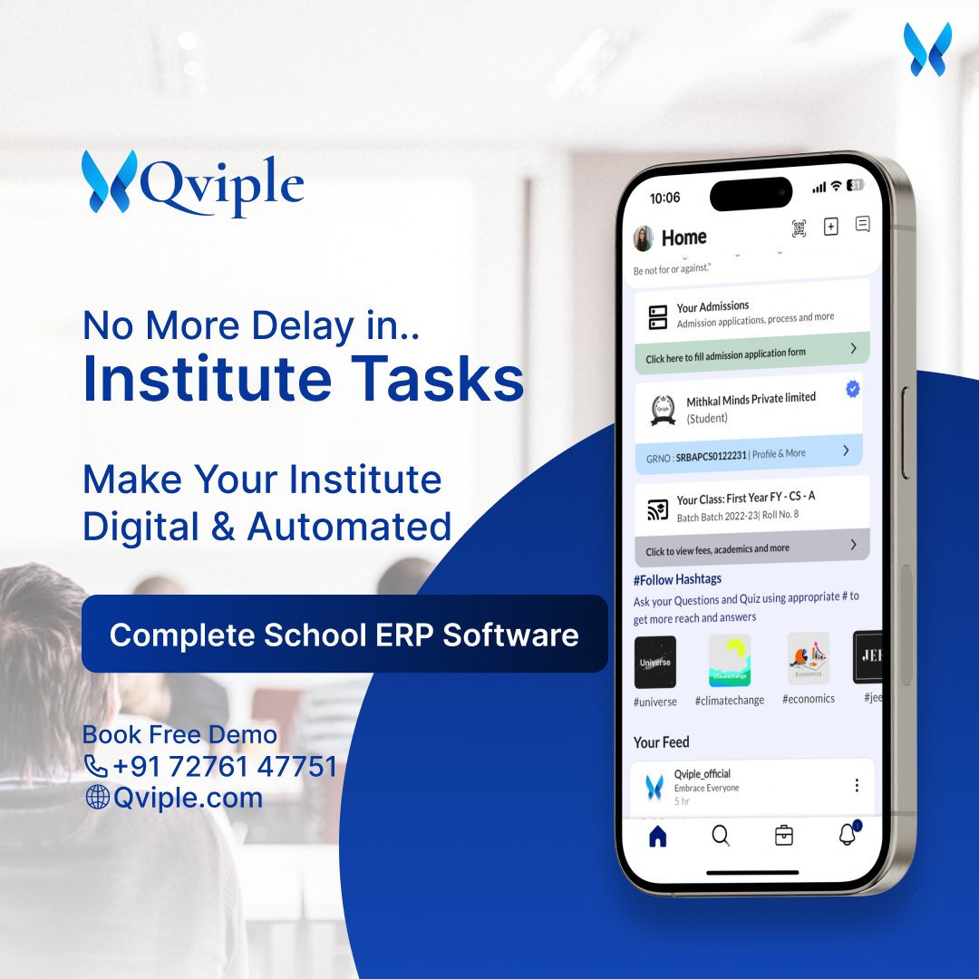 Qviple1's tweet photo. No More Delay in Tasks. Make Your Institute Digital &amp; Automated. Take the next step towards efficiency today! Goodbye to manual processes.📷
#qviple #schoolerpsoftware #schoolmanagementsoftware #digitization #automation #institute #administration #mithkalminds #embraceeveryone https://t.co/ZB15A3pxoU