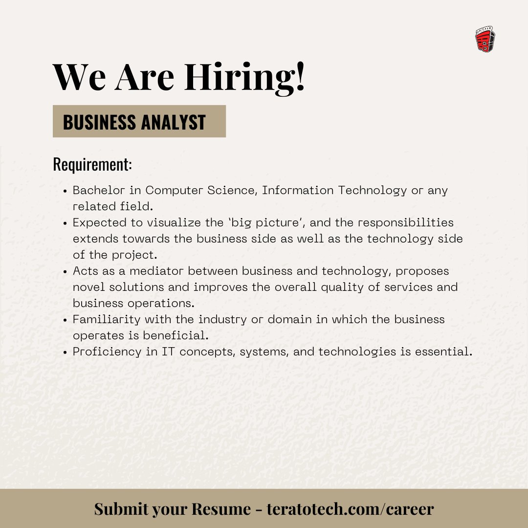 [Open Vacancy]

We are #hiring.

To apply, send your resume to our website teratotech.com/career. Feel free to share this information to those who are looking for new opportunities.

#kerjakosong2024 #jobvacancy #projectmanager #businessanalyst