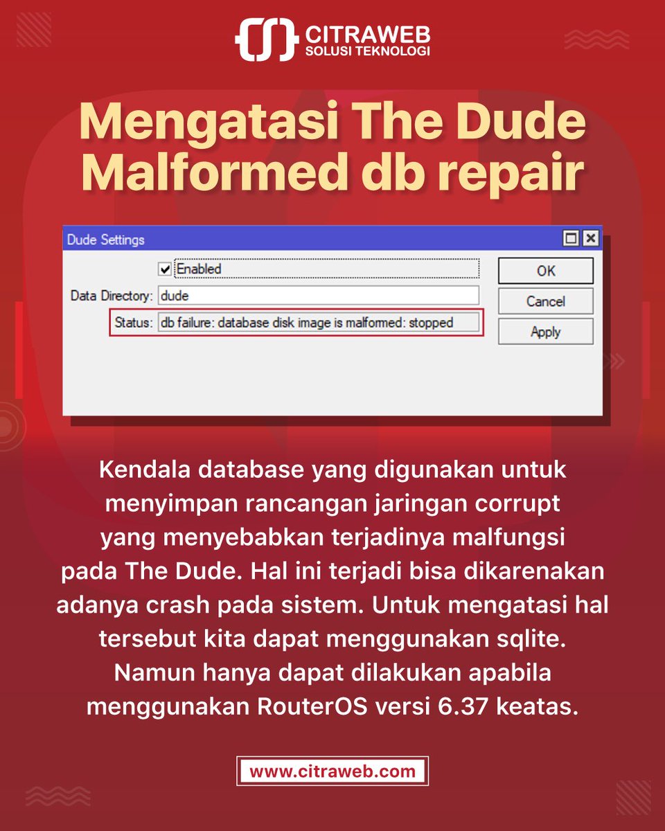 Pelajari selengkapnya tentang cara melakukan perbaikan Database The Dude MikroTik yang error [db repair] melalui artikel dan video berikut:
📔citraweb.com/artikel/421/
📺youtube.com/playlist?list=…

#theDUDE #dbRepair #MikroTik #NetworkMonitoring #NetworkEngineer #Citraweb