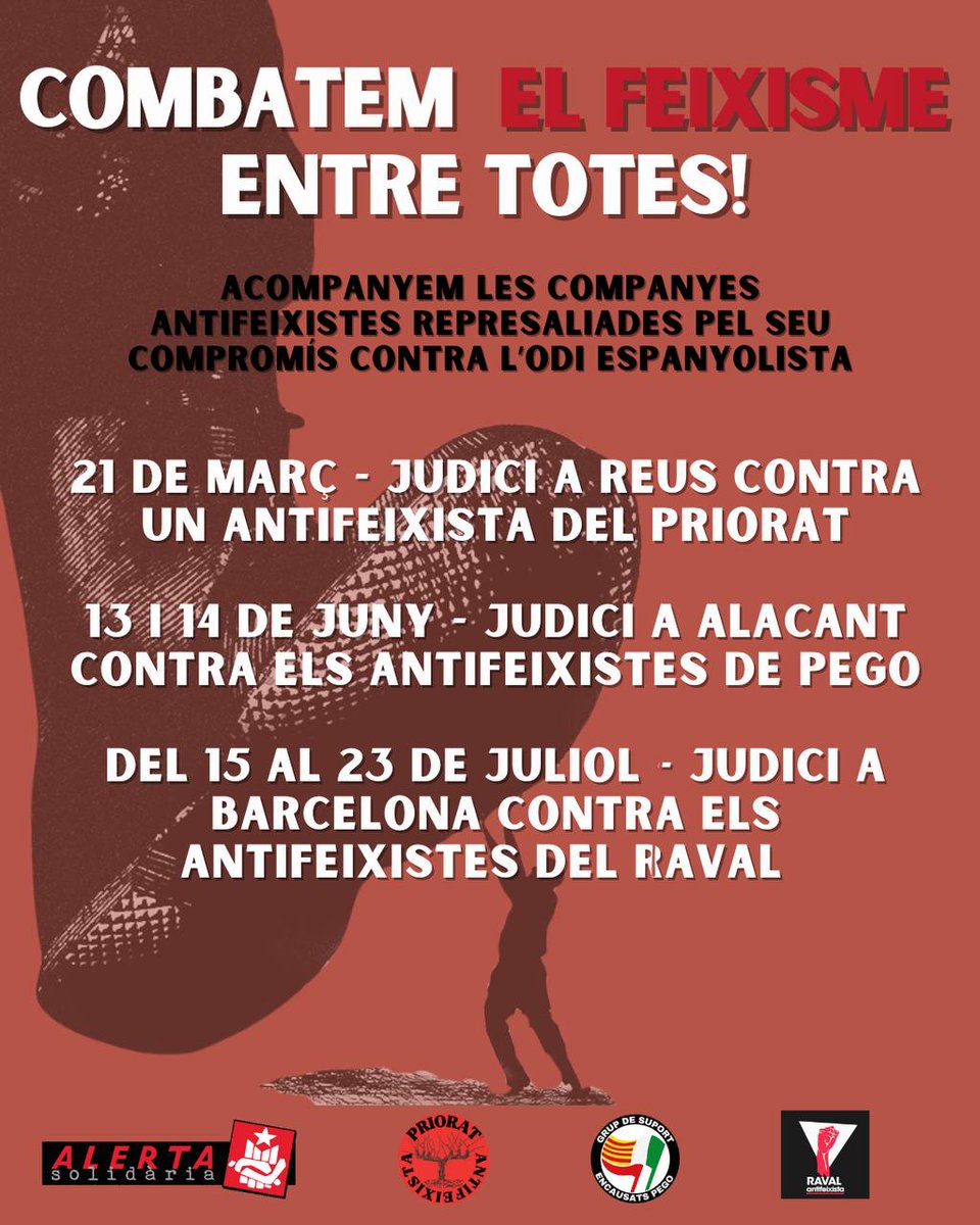 AlertaSolidaria's tweet photo. ⚫️🔴Avui, a #Reus, arriba el primer judici dels tres que tenen al punt de mira la lluita antifeixista dels Països Catalans!

Combatre el feixisme és la nostra obligació. Acompanyar les que en pateixen la repressió també!
#PrioratAntifeixista #PaïsosCatalansAntifeixistes! https://t.co/bvSJlZD3sE