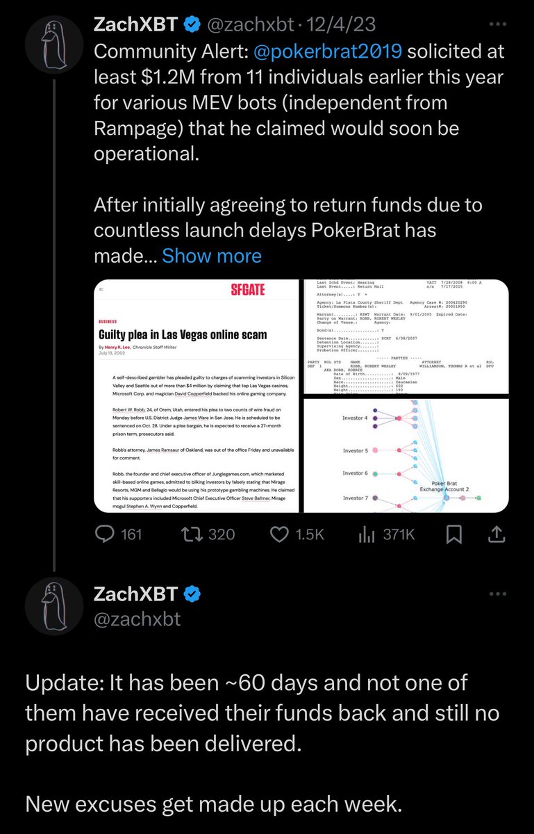 zachxbt's tweet photo. I am pleased to share @pokerbrat2019 aka Robert Robb was arrested earlier today in Las Vegas according to Henderson Police records. 

In December 2023 I made a post detailing how he stole $1.2M+ from 11 individuals and exposed his prior criminal history of fraud. Since then I have been working with victims to get them justice. 

While we cannot know for sure until court documents are released I doubt there would be any other reason for the arrest.