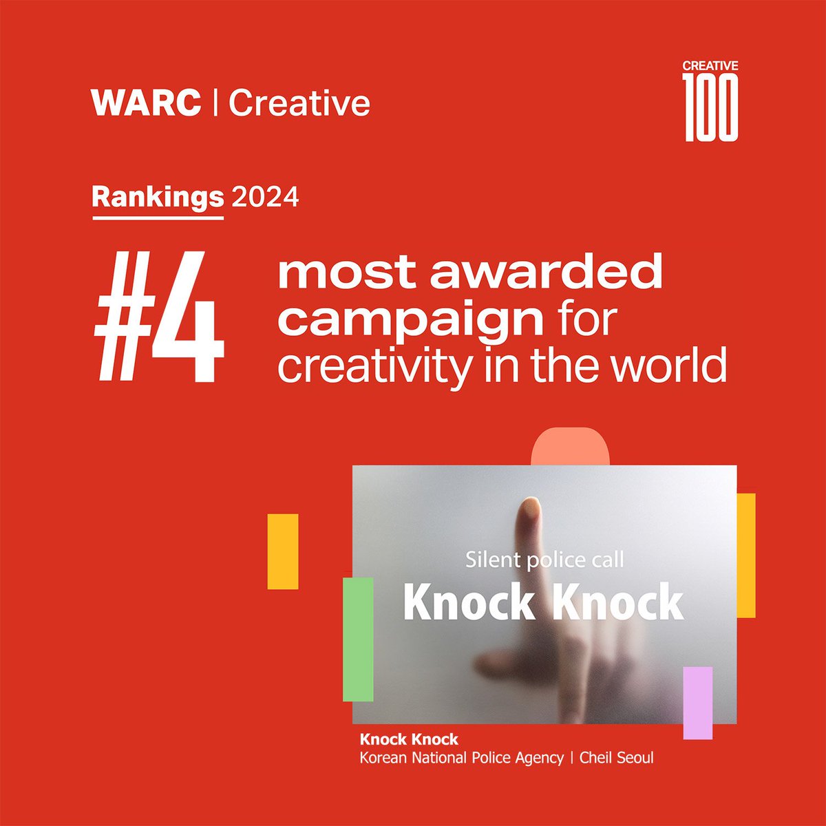 Super proud to be the #1 Asian global network and #12 globally in the WARC Creative 100 with three campaigns from Korea, Spain, and Greater China in the top 100 including Knock Knock being #4 most awarded campaign in the world.