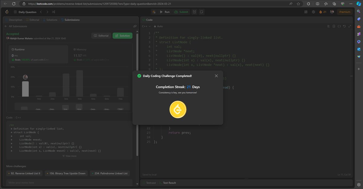 Just hit 21 days of doing <a href="/LeetCode/">LeetCode</a> problems every day! 🎉 It might not seem like a lot, but it's the start of being consistent. Ready to keep going and get better at coding! 💻💡 #LeetCode #KeepGoing #LearningToCode