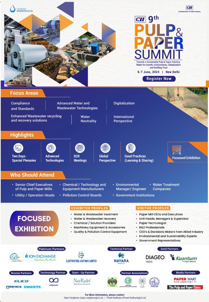 CII, with IPMA as a Partner Association, is organising the 9th edition of Pulp & Paper Summit on 6th & 7th June 2024 at New Delhi. The Theme for this year’s Summit is 'Towards a Sustainable Pulp & Paper Industry: Water for Growth, Inclusiveness, Globalisation & Building Trust