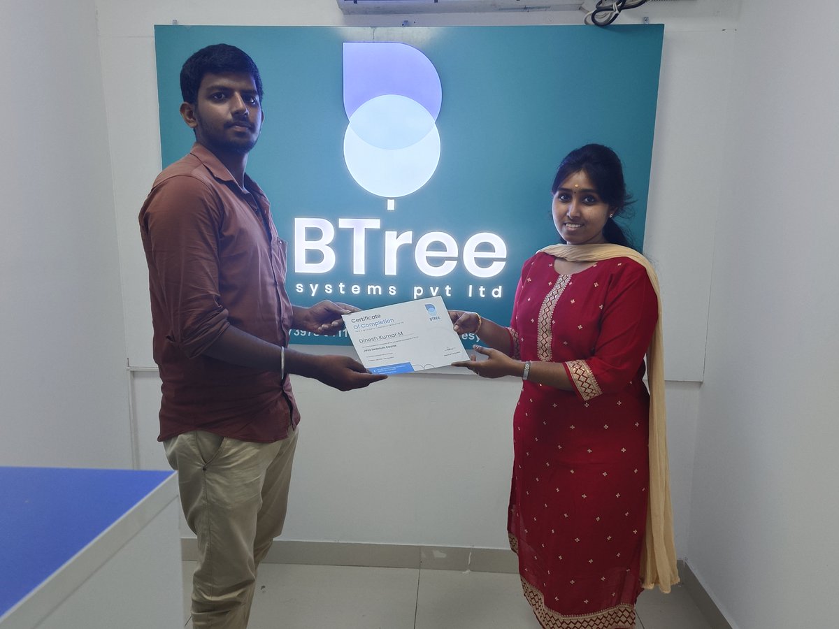 Congratulations, Dineshkumar, on completing your Java Selenium course at BTree Systems! 🎉 Your dedication and hard work have led you to this achievement.
#JavaSelenium #BTreeSystems
