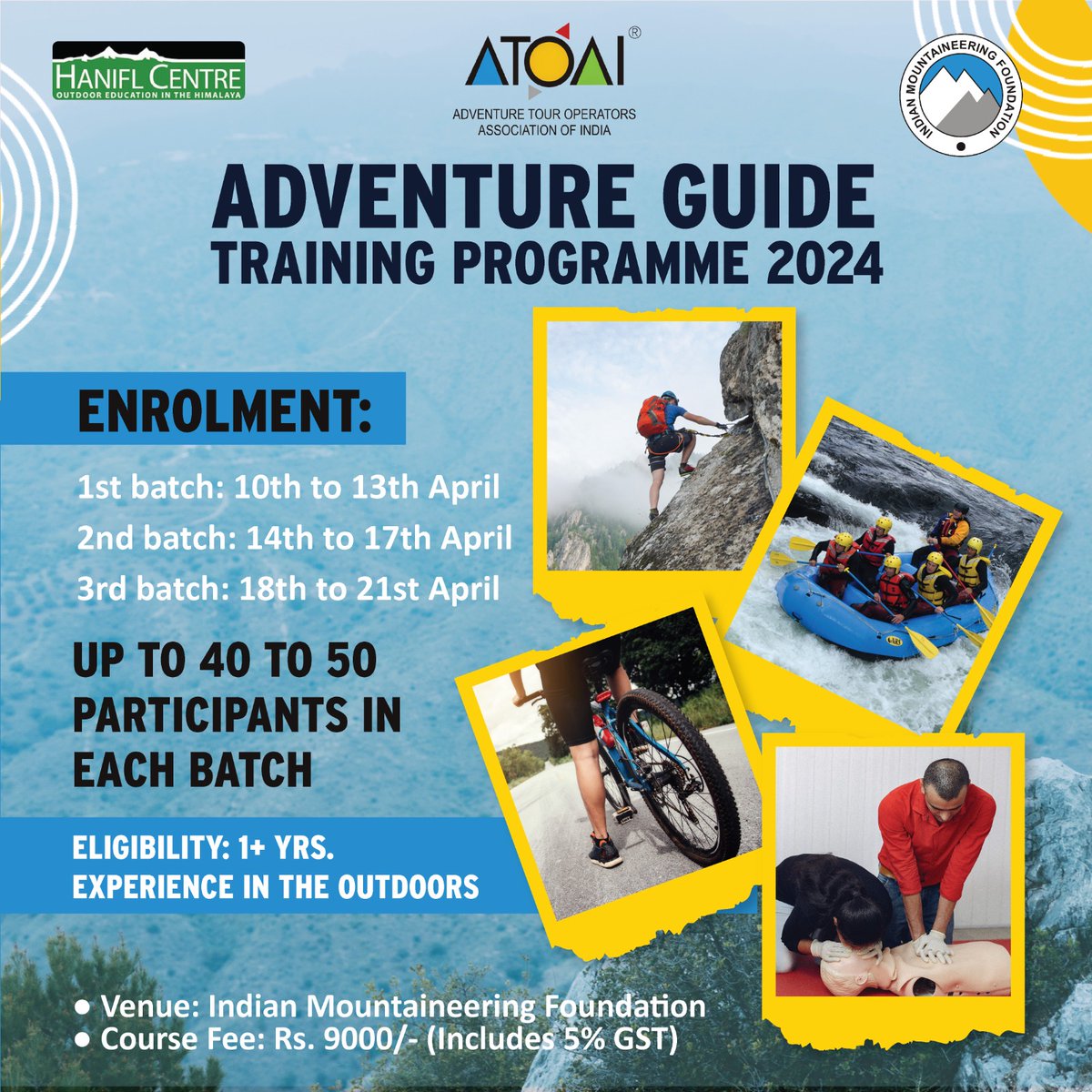 Hurry! Slots are filling fast! Don't miss out on this exclusive Adventure Guide Training Programme 2024. 🔗 Register here: forms.gle/gDYNuj2QbDkt5f… atoai.india@gmail.com #AdventureTraining #ProfessionalDevelopment #ATOAI #AdventureSkills #SlotsFillingFast #RegisterNow