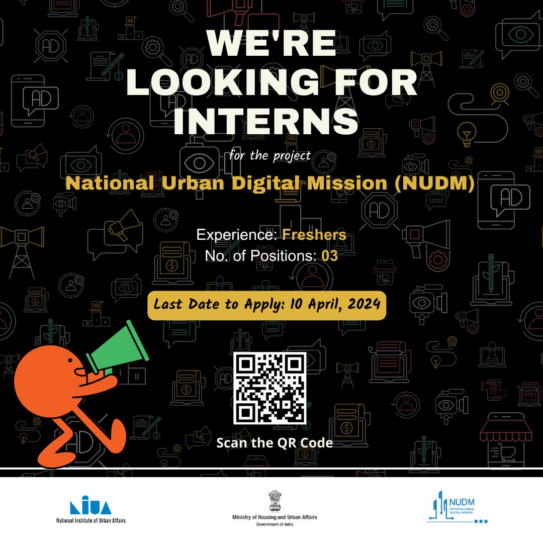 National Urban Digital Mission-NIUA (@nudm_niua) on Twitter photo The <a href="/NUDM_NIUA/">National Urban Digital Mission-NIUA</a> anchored <a href="/NIUA_India/">NIUA_India</a> is looking for #interns with a passion for tech. & diverse skills to revolutionise urban operations.
Apply Now- niua.in/niua_internshiā¦
Scan the QR Code or click on the link above to embark on an exciting journey.
Last Date- 10 April 2024 The <a href="/NUDM_NIUA/">National Urban Digital Mission-NIUA</a> anchored <a href="/NIUA_India/">NIUA_India</a> is looking for #interns with a passion for tech. & diverse skills to revolutionise urban operations.
Apply Now- niua.in/niua_internshiā¦
Scan the QR Code or click on the link above to embark on an exciting journey.
Last Date- 10 April 2024