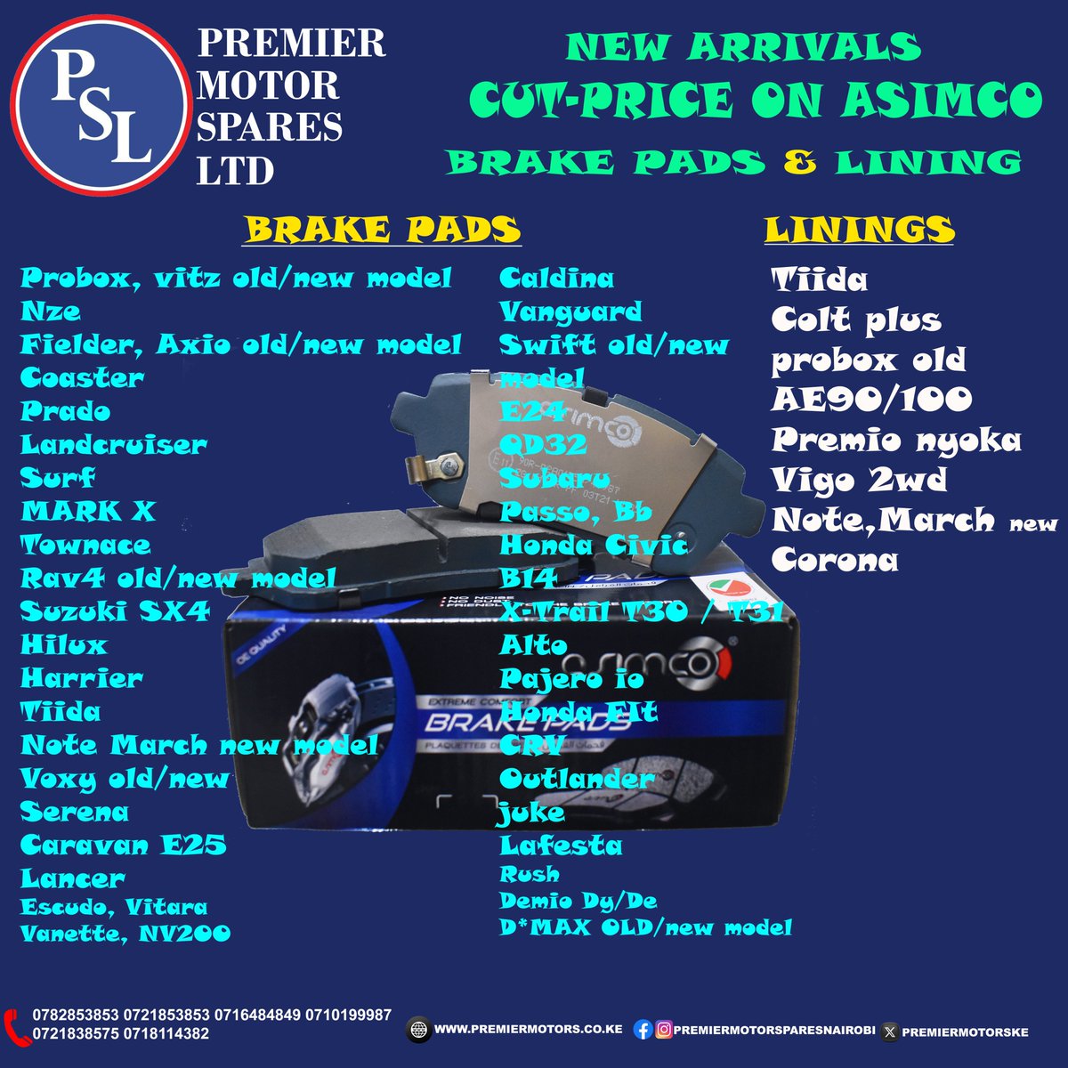 Arrivals on original Asimco brake pads and linings with the best prices in the market. Call us or visit our shops at kirinyaga road nairobi. Quality is our promise. #premiermotorspares #brakepads Fernandes Barasa Corona Mary Moraa Big Sean Peter Salasya Taiwan China Ruto DSTV