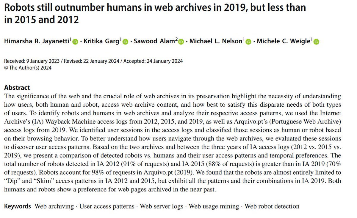 📢 Exciting news! Our extended paper accepted to the special issue on #TPDL2022 of @ijdl is now published! DOI: doi.org/10.1007/s00799… Sharable Link: rdcu.be/dBXlS #WebArchiveWednesday @WebSciDL co-authors: @kritika_garg @ibnesayeed @phonedude_mln @weiglemc 🧵: 1/5