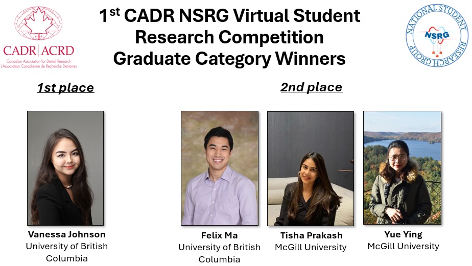 NSRG622385's tweet photo. Presenting winners of the 1st CADR NSRG Virtual Student Research Competition held on Feb 29, 2024! Congratulations, winners! 🎉

We hope to host other exciting events highlighting Dental Research Students across Canada. Stay tuned! ✨ https://t.co/AnwxUu7rcs