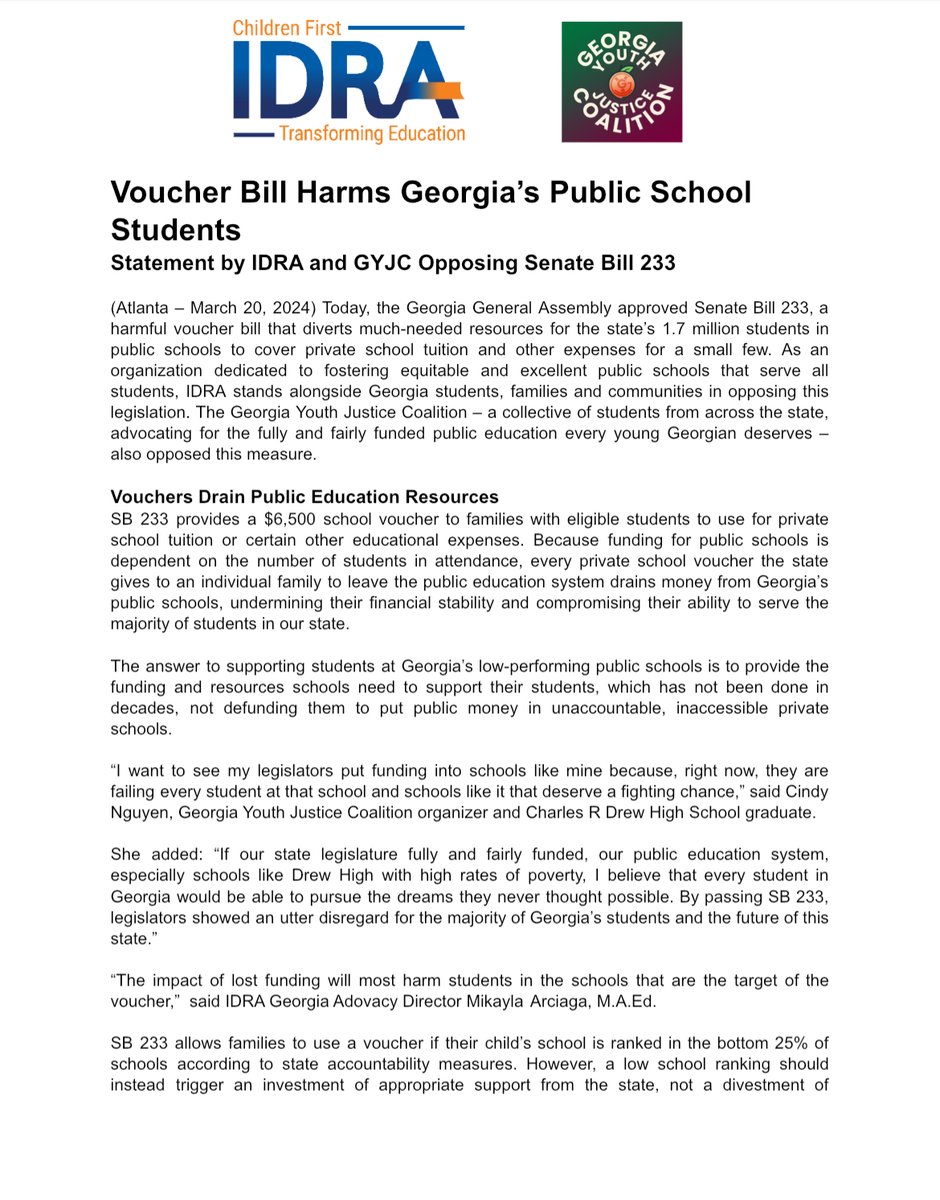 🚨BREAKING: The Georgia Legislature passed #SB233, the voucher bill that takes public dollars away from public schools. IDRA and @georgiayouthco oppose this bill & are deeply concerned lawmakers decided to fund a voucher scam, rather than fully funding our public schools.