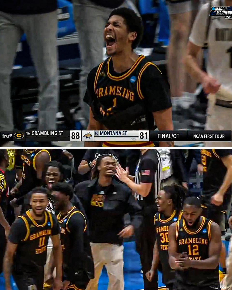 THE CINDERELLA STORY CONTINUES FOR GRAMBLING‼️ In its first ever NCAA tournament appearance, the Tigers come back from 14 down in the second half to win in OT 🙌