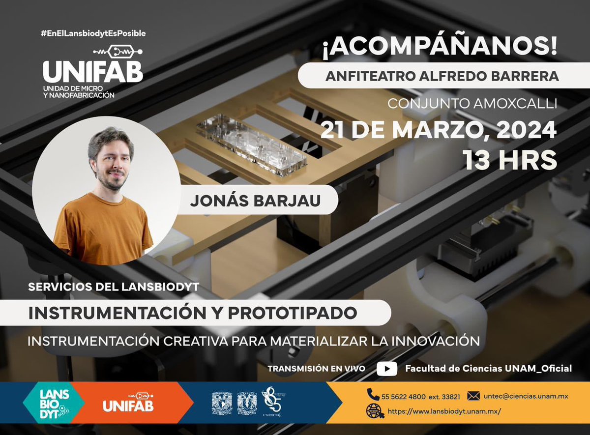 Facultad de Ciencias UNAM (@fciencias) on Twitter photo 🔵🟣 #Seminarios <a href="/lansbiodyt/">LaNSBioDyT</a> continúan esta semana no te pierdas la presentación del servicio #UNIFAB “Instrumentación y prototipado: instrumentación creativa para materializar la innovación”.
🗓️ Jueves 21 de marzo
📍 Anfiteatro Alfredo Barrera
#EnElLansbiodytEsPosible 🔵🟣 #Seminarios <a href="/lansbiodyt/">LaNSBioDyT</a> continúan esta semana no te pierdas la presentación del servicio #UNIFAB “Instrumentación y prototipado: instrumentación creativa para materializar la innovación”.
🗓️ Jueves 21 de marzo
📍 Anfiteatro Alfredo Barrera
#EnElLansbiodytEsPosible