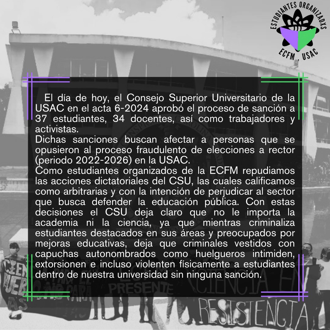 Estudiantes organizados de la ECFM repudiamos las acciones del CSU que respaldan al usurpador Walter Mazariegos. 
#NoALaExpulsión
#UnNarcoNoEsRector
#ECFMConsciente