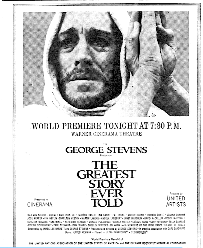 US TV debut 4/12/74 at 9 pm on 'NBC Friday Night at the Movies.'' Shown in two-hour time slots over two consecutive nights. George Stevens' starry but leaden epic was 260 minutes when it began reserved-seat roadshow engagement on 2/16/65 at the former Strand in Times Square.