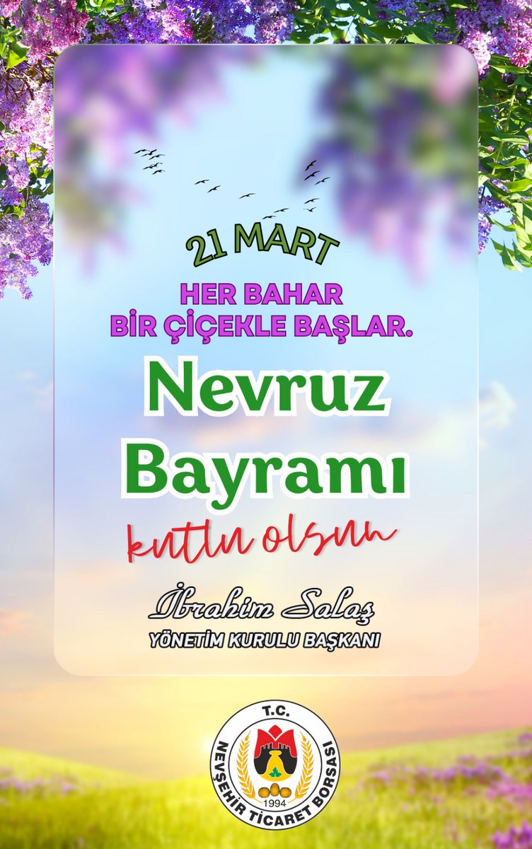 #Nevruz Bayramını içtenlikle kutluyor, Tüm vatandaşlarımıza, baharın getirdiği güzellikler içinde, daha yeşil bir dünya ve sevdikleriyle mutlu bir yaşam diliyor, Nevruz Bayramı’nın barışa,iyiliğe ve insanlığa vesile olmasını temenni ediyorum. İbrahim SALAŞ Yönetim Kurulu Başkanı