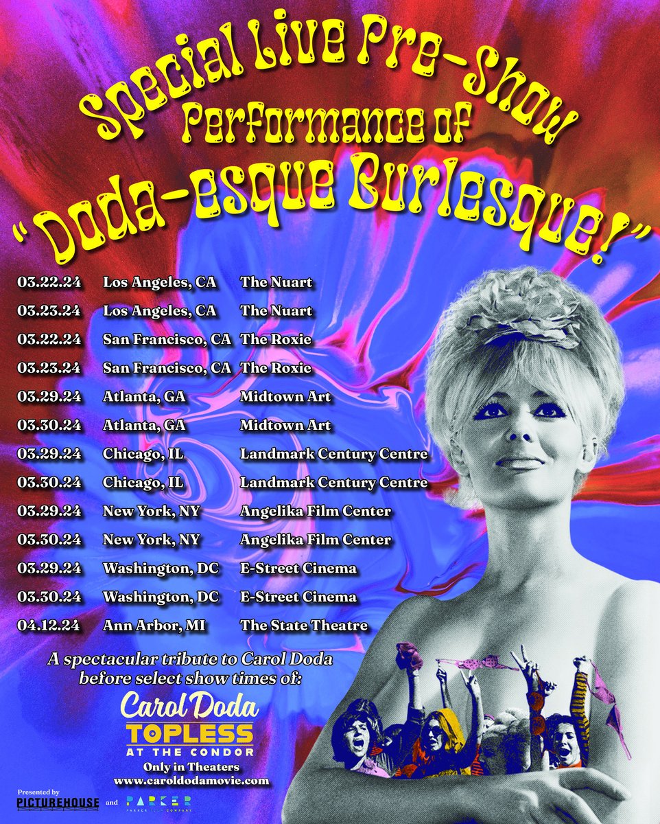 “Carol Doda Topless at the Condor” to titillate audiences opening weekend with live pre-show Doda-esque burlesque revues nationwide. Watch the trailer for the documentary that debuted at Telluride: trib.al/aBr9tEo