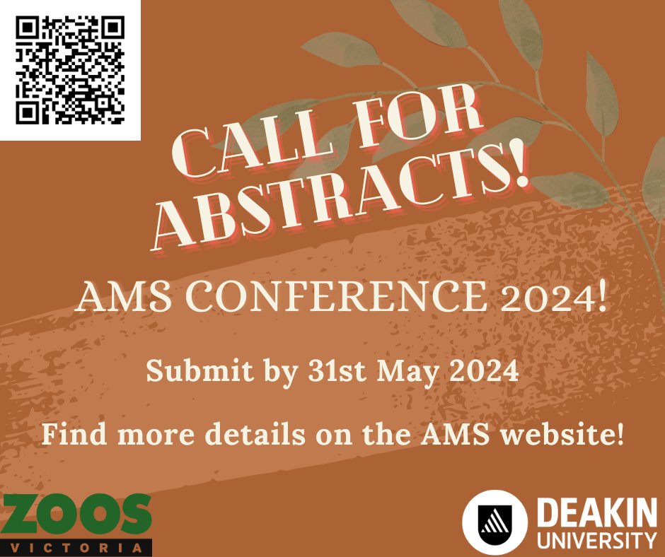 📣Call for abstracts!📣 If you would like to present at the AMS Conference 2024 in Melbourne you can now submit your abstracts! Submission due date is the 31st of May, find more info and updates on the AMS website: australianmammals.org.au/conferences/co…