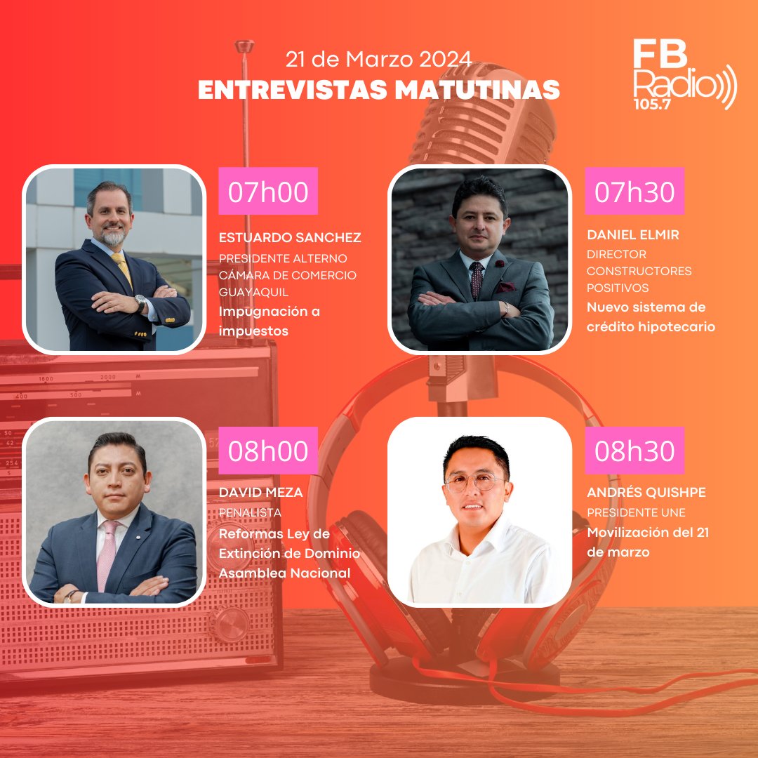 FBRadio1's tweet photo. Casi llegamos al fin de semana junto a #EstuardoSanchez, #DanielElmir, #DavidMeza y @VAndresQuishpe. Sintoniza #FBRadio 105.7 #FM o descárganos aquí: Android: https://t.co/RGtuohP1ad Apple: https://t.co/va9axAa3nE https://t.co/CcoU0CFBQh