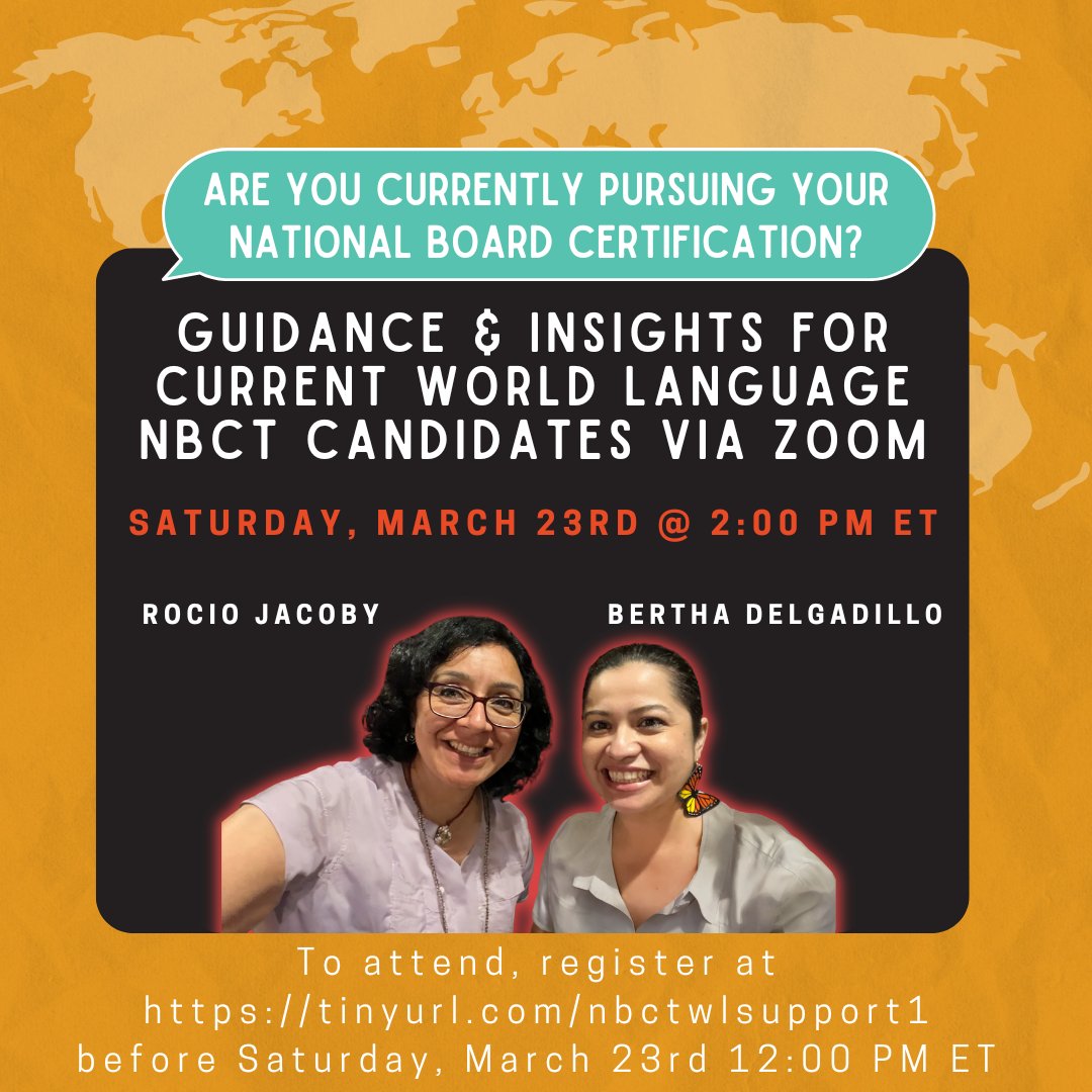profedelgadillo's tweet image. Teachers of #langchat pursuing your NBCT. 

@spanishfunwsraj  &amp;amp; I would like to offer our support this Saturday, March 23rd at 2:00 PM ET to answer questions and provide guidance.

If you are interested in attending this free event, please register at tinyurl.com/nbctwlsupport1