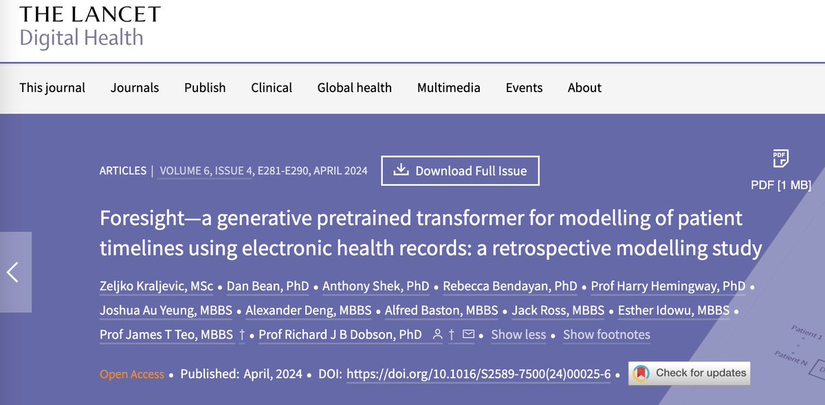 @Cogstack's #GenerativeAI AI Foundation Model of Patients published in @LancetDigitalH: thelancet.com/journals/landi… Unlike #LLM's that simply predict the next word, Foresight forecasts possible futures for patients, representing possible Multiverses to understand diseases /1