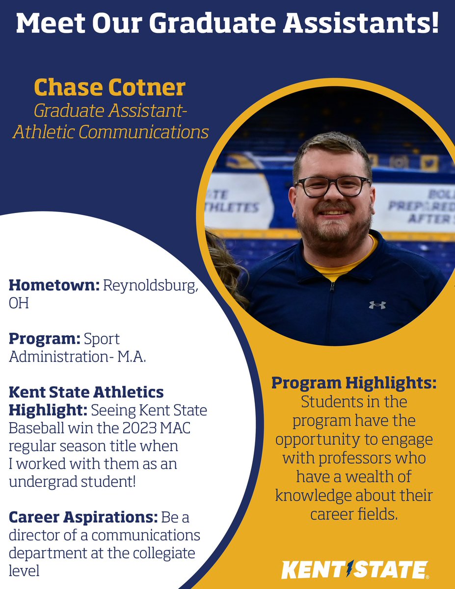 KentStAthletics's tweet photo. Kent State Athletics is supported by over 30 first and second year graduate students in various roles throughout the department. Check out this week’s Golden Flashes who make a difference every day! 

#GoFlashes⚡️ https://t.co/bLfrHF0niw