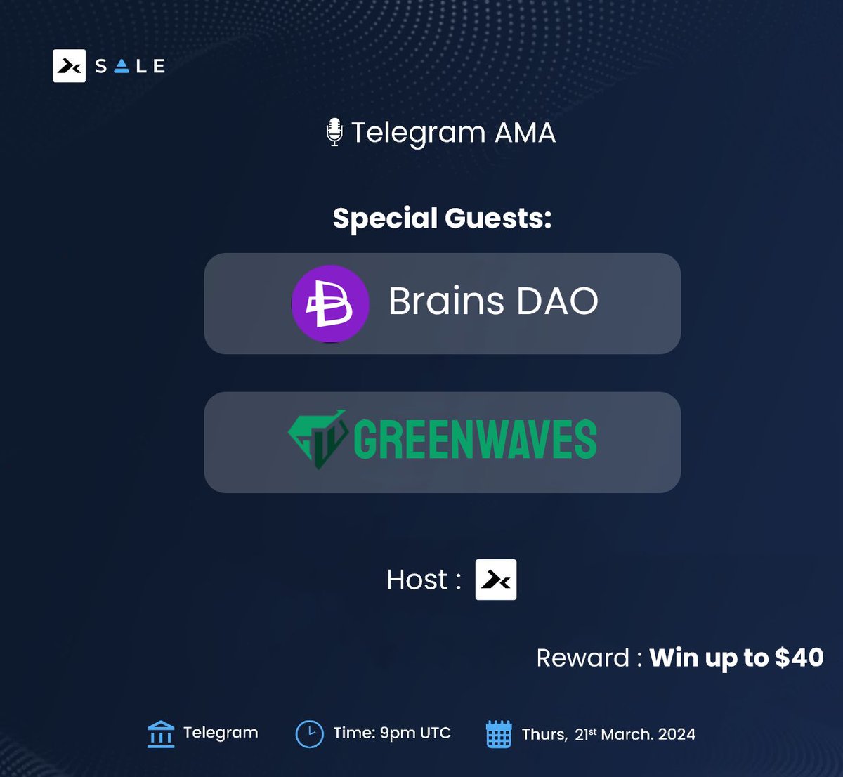 🚨 DXSALE BULL MARKET AMA & GIVEAWAY 🏆 🕒 Time and date: 21st of March - 9pm UTC 🏟️ AMA location: t.me/dxsale 🎙️Special Panel @BrainsDa0 @greenwav_es 🎯 AMA Giveaway and instructions 1⃣ Follow @dxsale and join the telegram 2⃣ Follow @BrainsDa0 3⃣ Follow…